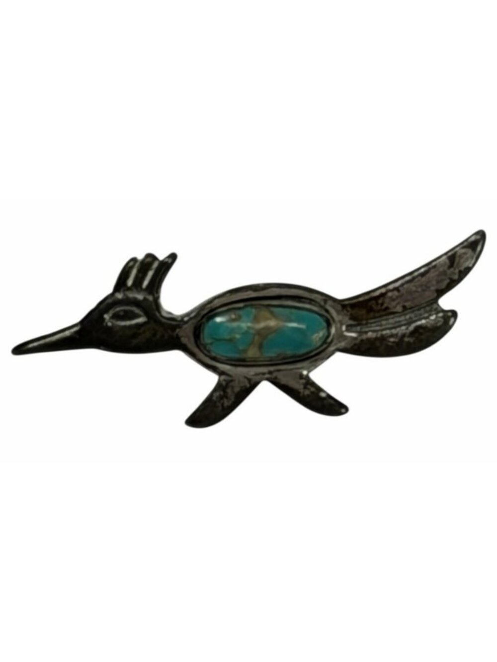 Vintage Bell Trading Post Sterling Silver Roadrunner 1.5" Lapel Pin Turquoise
